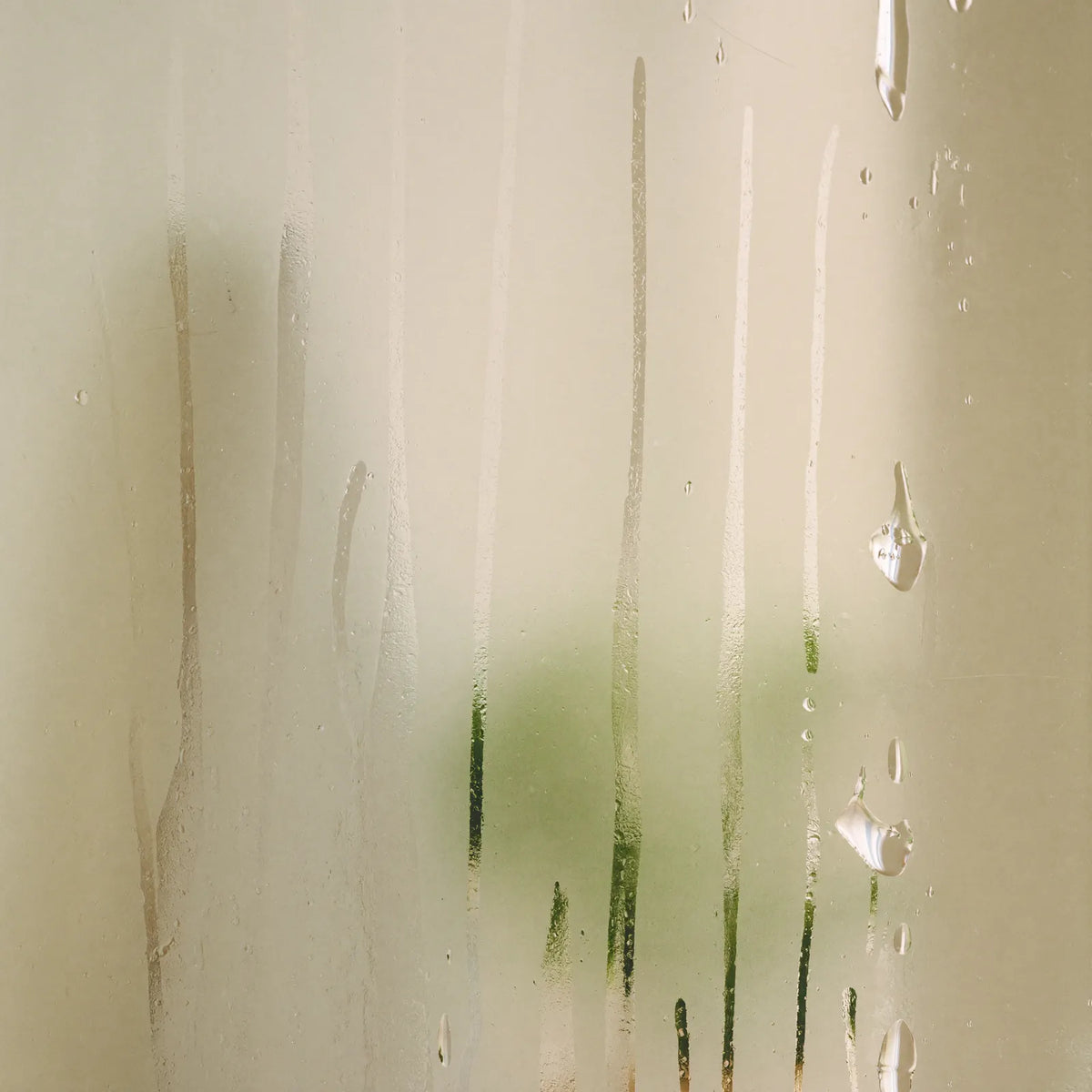 Water droplets and condensation running down a steamed-up glass shower screen, with soft green blurred behind