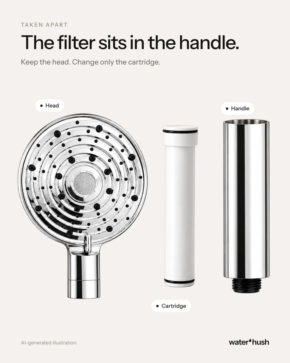The head, the cartridge and the handle taken apart (AI-generated illustration)